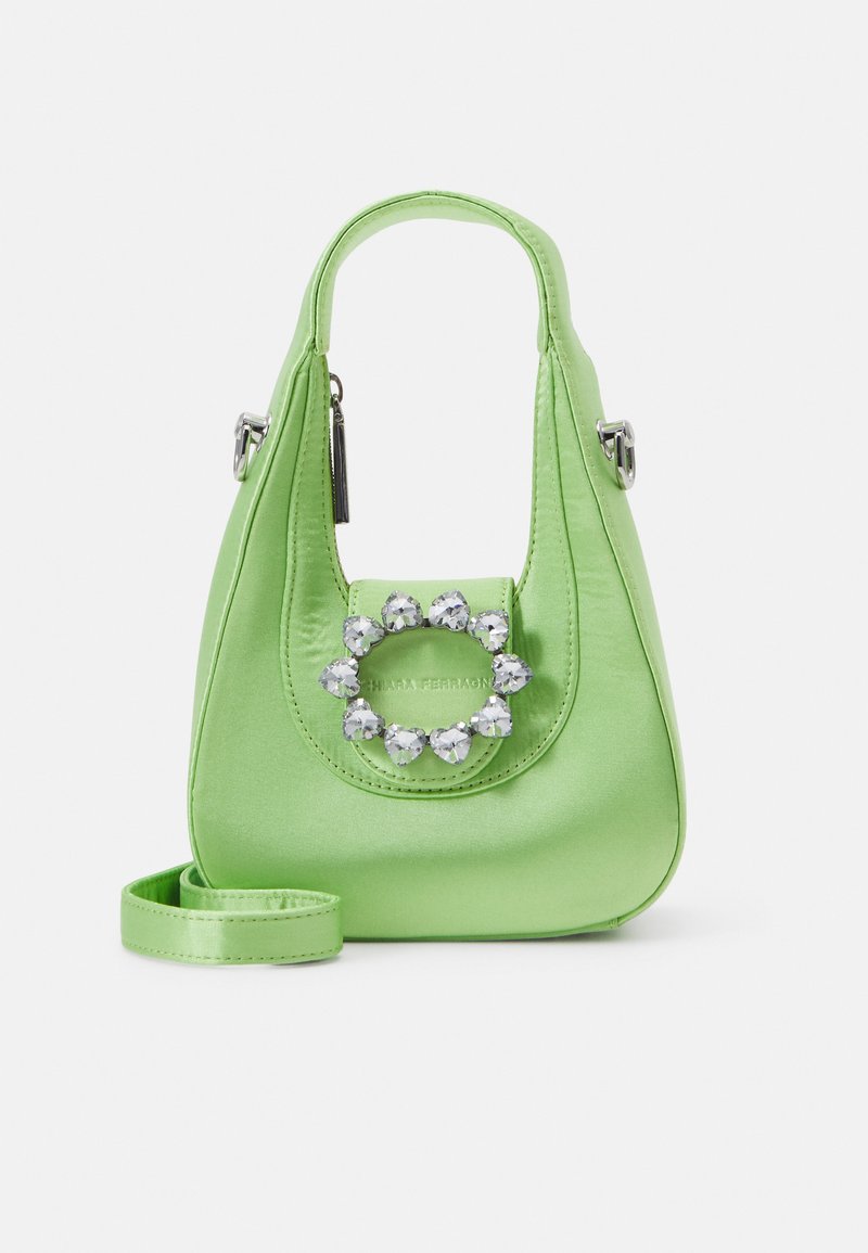Green satin handbag with a rounded design, featuring a jeweled accent on the front and a detachable shoulder strap.
