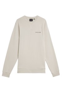 Sudadera de color beige claro con mangas largas, puños y dobladillo acanalados, diseño de cuello en V y un pequeño logo de "Lyle & Scott" en el pecho.