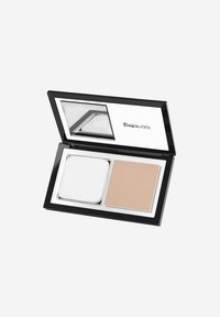 Cofanetto di cipria compatta con esterno nero, dettagli argento e specchio. Contiene un pennello bianco e cipria beige.