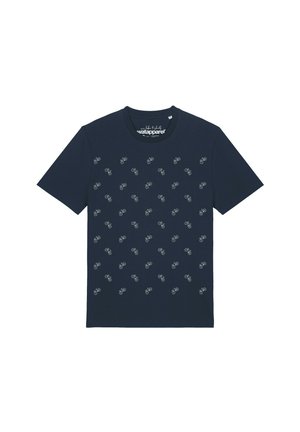 Marineblaues T-Shirt mit kurzen Ärmeln und einem Muster aus kleinen weißen Fahrrädern, die gleichmäßig über die Vorderseite verteilt sind.