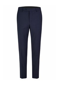 Pantalon marine en tissu texturé, avec une coupe droite, fermeture à bouton et devant plat, adapté pour une tenue formelle.