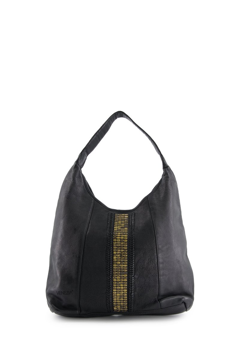Zwarte leren schoudertas met een enkele schouderriem en een centrale verticale strook van gouden vierkante studs op het voorpaneel.