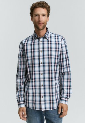 Men's plaid shirt in cotton blend; features blue, red, and white checks with long sleeves and button front; a classic collar and rounded hem.