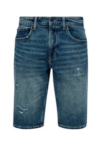 Dżinsowe szorty w średnim odcieniu niebieskiego z wyblakłym wykończeniem. Posiadają postarzeń na przodzie, pięć kieszeni oraz zamek błyskawiczny.