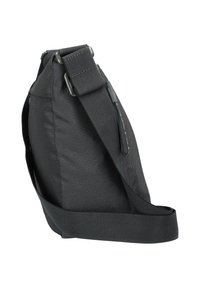 Borsa a tracolla nera con un tessuto testurizzato, dotata di una ampia tracolla regolabile e di accessori metallici. Forma asimmetrica con una superficie liscia.