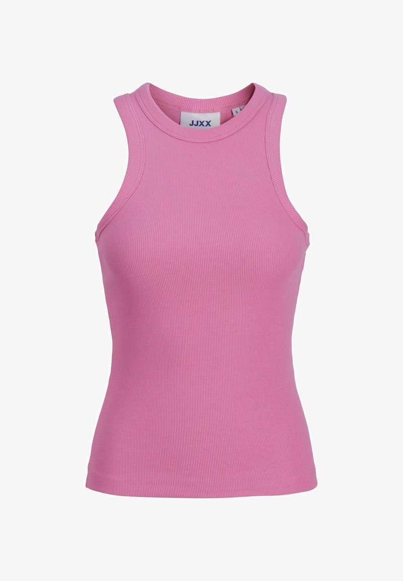 Ροζ ριμπ την κάπρι μπλούζα με ψηλό λαιμό και χωρίς μανίκια, διαθέτει εφαρμοστή σχεδίαση και περιποιητή ραφή γύρω από τα ανοίγματα των μανικιών και το στρίφωμα.