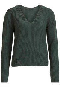 Zielony sweter dzianinowy z dekoltem w serek i długimi rękawami. Teksturowany materiał z prążkowanym wzorem, o lekko zwężającym się dolnym końcu i szwach.