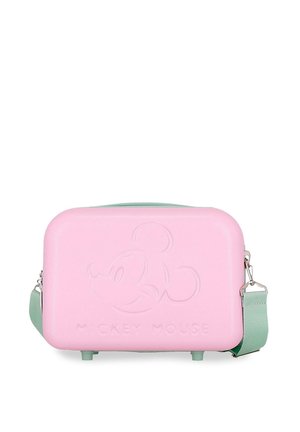 Pequeño estuche duro rectangular rosa con cara de Mickey Mouse en relieve y correa de hombro verde desmontable.