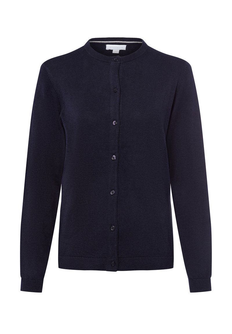Granatowy kardigan z miękkiej dzianiny, z okrągłym dekoltem, długimi rękawami, z przodem zapinanym na guziki oraz ściągaczami u dołu i na rękawach.