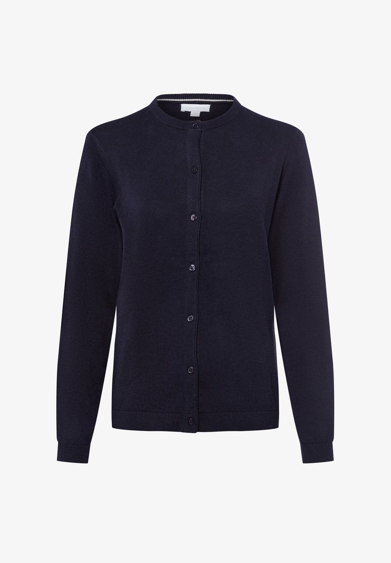 Granatowy kardigan z miękkiej dzianiny, z okrągłym dekoltem, długimi rękawami, z przodem zapinanym na guziki oraz ściągaczami u dołu i na rękawach.