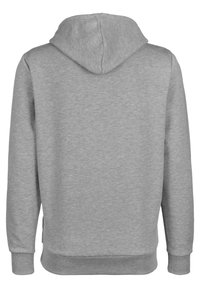 Sudadera gris con bolsillo tipo canguro, tela suave, puños y dobladillo acanalados. Cuenta con una capucha ajustable con cordón. Diseño simple y funcional.