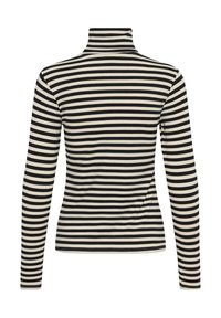 Chemise à manches longues avec col roulé à rayures horizontales noires et blanches, vue de dos sur un fond blanc.