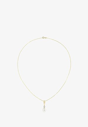 Złoty łańcuszek z perłowym wisiorkiem ozdobionym małym kamieniem szlachetnym, gładką fakturą i minimalistycznym designem.