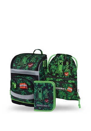 Zaino, astuccio e sacchetto con coulisse verde scuro a tema Minecraft con grafiche pixelate di Creeper e blocco TNT.