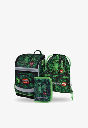 Zaino, astuccio e sacchetto con coulisse verde scuro a tema Minecraft con grafiche pixelate di Creeper e blocco TNT.