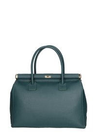 Turquoise leren handtas met dubbele handgrepen bovenaan, gestructureerde vorm, gouden hardware en een textuurfinish. Voorzien van een klapsluiting.