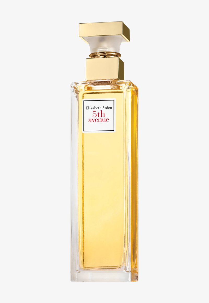 Hohe, rechteckige Glasflasche des Elizabeth Arden 5th Avenue Parfums mit goldenem Verschluss und bernsteinfarbener Flüssigkeit, Etikett auf der Vorderseite.