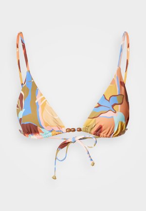 Triangular bikini top in multicolored floral pattern. Features thin straps, gathered fabric, and beaded detailing at the center.