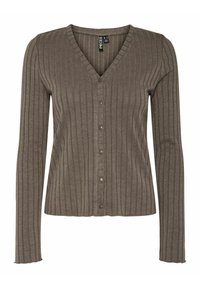 Brun ribbad cardigan med v-ringning, långa ärmar och knäppning fram. Har en subtil struktur och en figurnära silhuett.