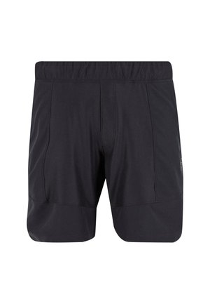 Pantaloni sportivi neri realizzati in tessuto leggero. Presentano un elastico in vita e due tasche frontali. Texture liscia con un design minimalista.
