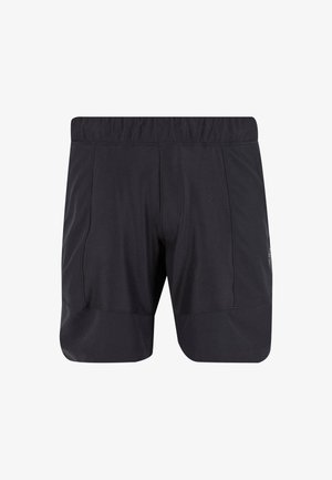 Pantaloni sportivi neri realizzati in tessuto leggero. Presentano un elastico in vita e due tasche frontali. Texture liscia con un design minimalista.