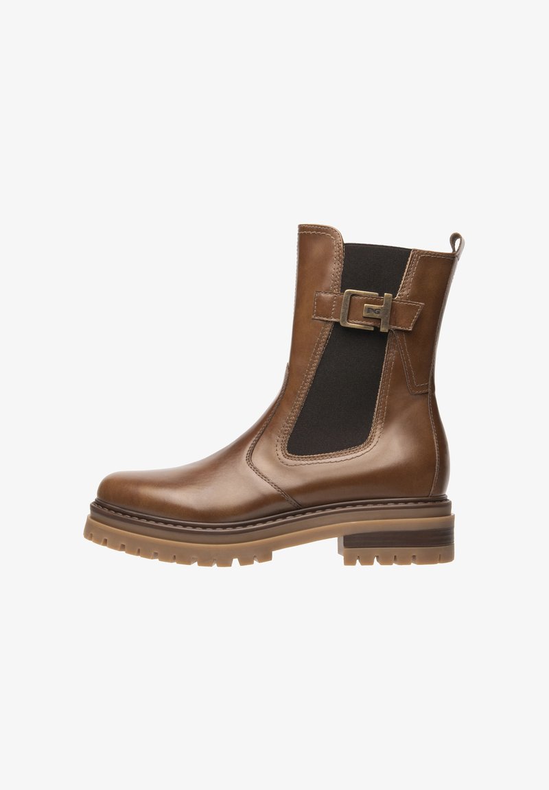 Brown leather ankle boot with elastic side panels, decorative buckle, rounded toe, and a thick, treaded sole for enhanced grip.