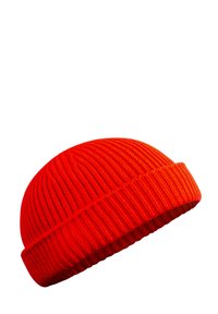 Red knitted beanie with a ribbed texture and a folded cuff, featuring a rounded top. Fabric is thick and warm, suitable for cold weather.