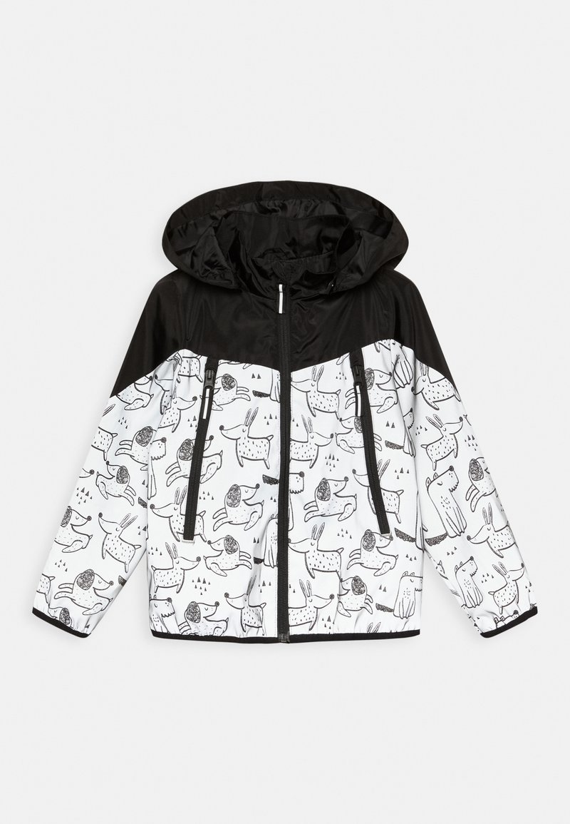 Veste à capuche noire et blanche pour enfants, ornée d'illustrations de chiens en contour noir ludiques, avec deux poches zippées verticales à l'avant.