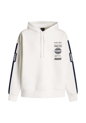 White hoodie with navy blue sleeves, featuring Red Bull Racing logos, a front pocket, and drawstring hood. Smooth fabric texture.