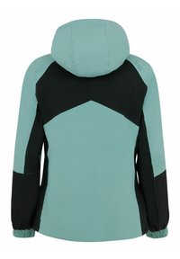 Giacca con cappuccio in teal chiaro e nero, caratterizzata da un design geometrico a blocchi di colore, polsini elasticizzati e una texture liscia.