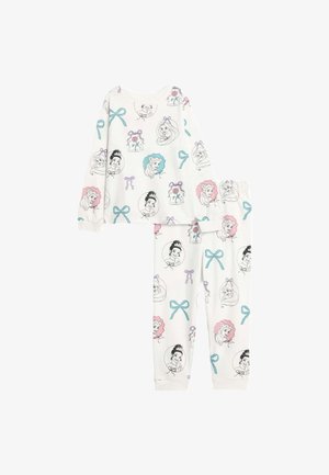 Set di pigiama bianco composto da maglietta a maniche lunghe e pantaloni, decorato con illustrazioni colorate di personaggi e fiocchi nei toni del rosa, blu e viola.
