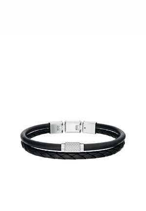 Schwarzes doppellagiges Lederarmband mit einem geflochtenen und einem glatten Strang, ausgestattet mit einem strukturierten silbernen Verschluss und magnetischem Verschluss.