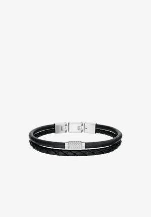 Black double-strand leather bracelet with one braided strand and one smooth, featuring a textured silver clasp and magnetic closure.