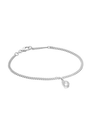 Silver chain bracelet with a small letter D charm and a lobster clasp on a white background.