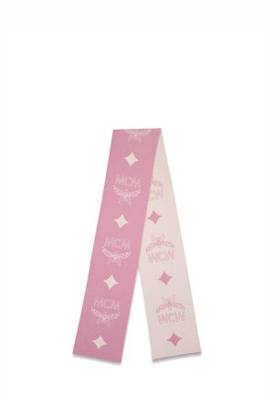 Pink og lyserød vendbar tørklæde med gentagne MCM- og WCW-logoer og diamantformede mønstre.