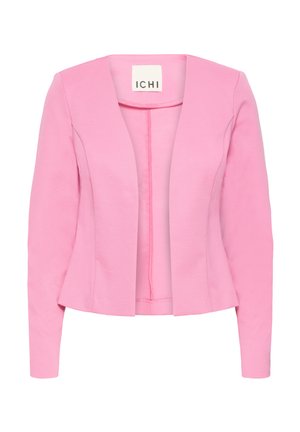 Blazer tailleur rose pour femme avec manches longues, devant ouvert et taille cintrée, étiquette "ICHI" à l'intérieur du col.