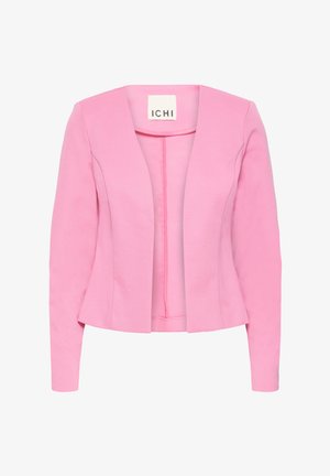 Rosa maßgeschneiderter Damenblazer mit langen Ärmeln, offenem Vorderteil und tailliertem Schnitt, innen am Kragen mit "ICHI" beschriftet.