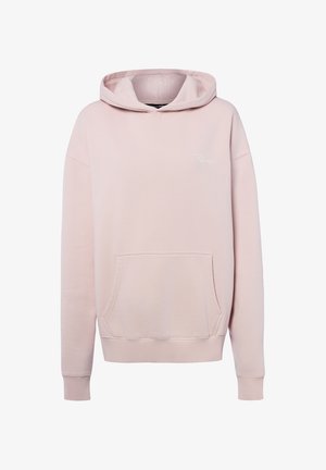 Hellrosa Kapuzenpullover mit vorderer Kängurutasche und kleinem weißen Schriftlogo auf der linken Brust.