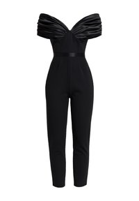 Jumpsuit nero senza spalle con corpino in raso arricciato, vita aderente e gambe tapered.