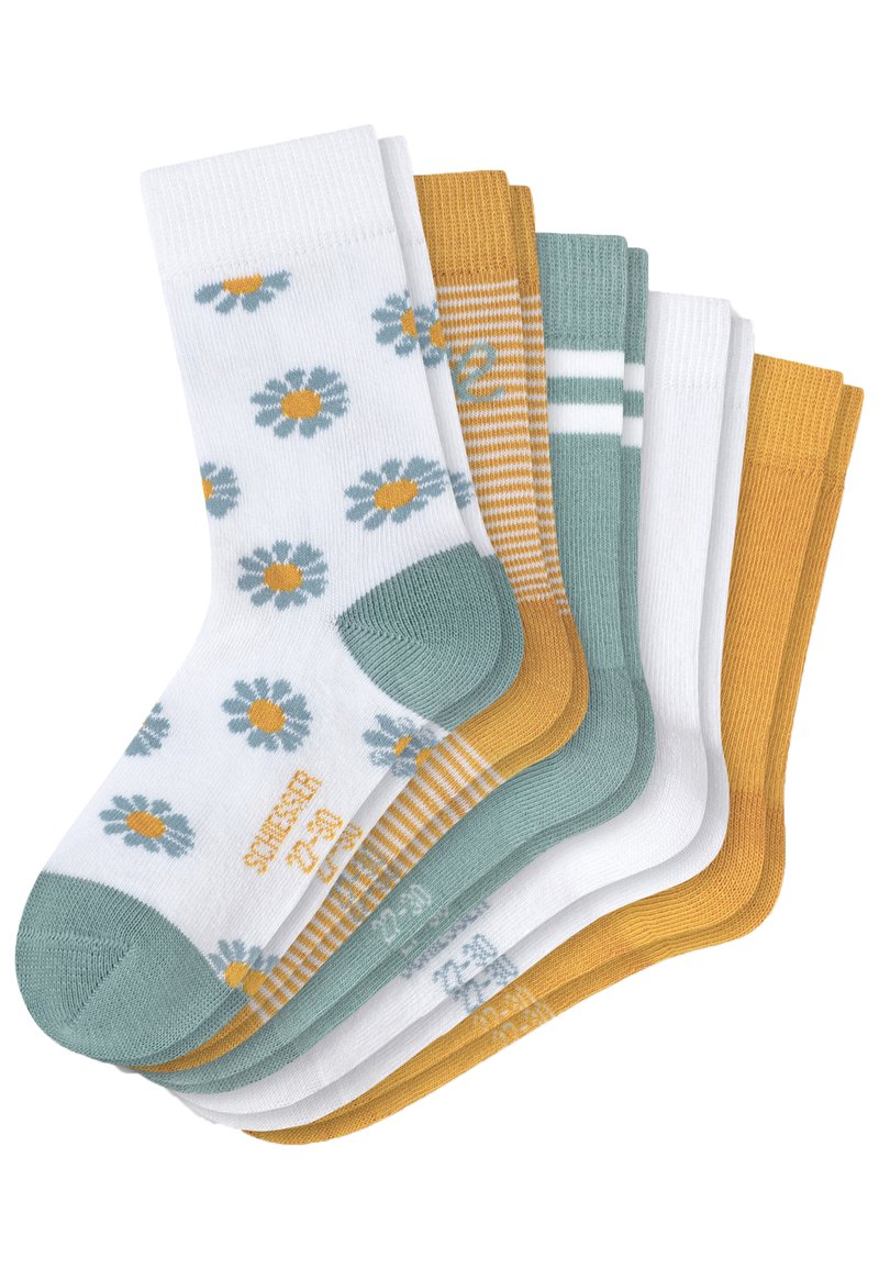 Set of six pairs of cotton socks in white, mustard, green, and light blue. Features floral and striped patterns with ribbed cuffs.