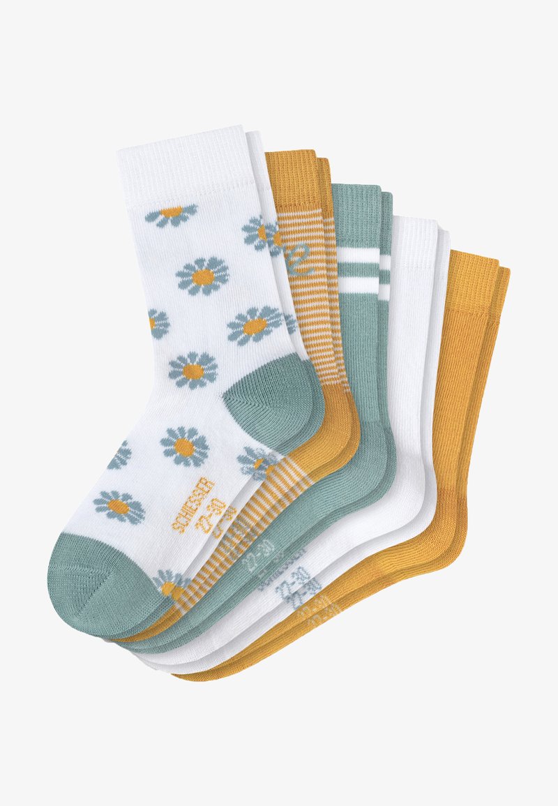 Set of six pairs of cotton socks in white, mustard, green, and light blue. Features floral and striped patterns with ribbed cuffs.