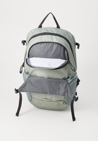 Zaino grigio chiaro con due scomparti con zip, spallacci regolabili e dettagli in rete. Presenta una maniglia superiore e una tasca anteriore.