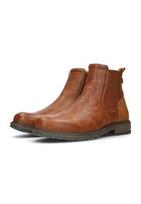 Bottes chelsea en cuir marron avec des panneaux latéraux texturés, des soufflets élastiques et une semelle en caoutchouc. Présentant des accents cousus et un bout arrondi.