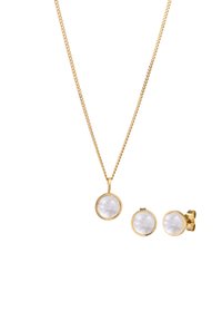 Smykkesæt i guldfarve med en vedhængshalskæde med en cirkulær, facetteret klar sten og matchende runde ørestikker.