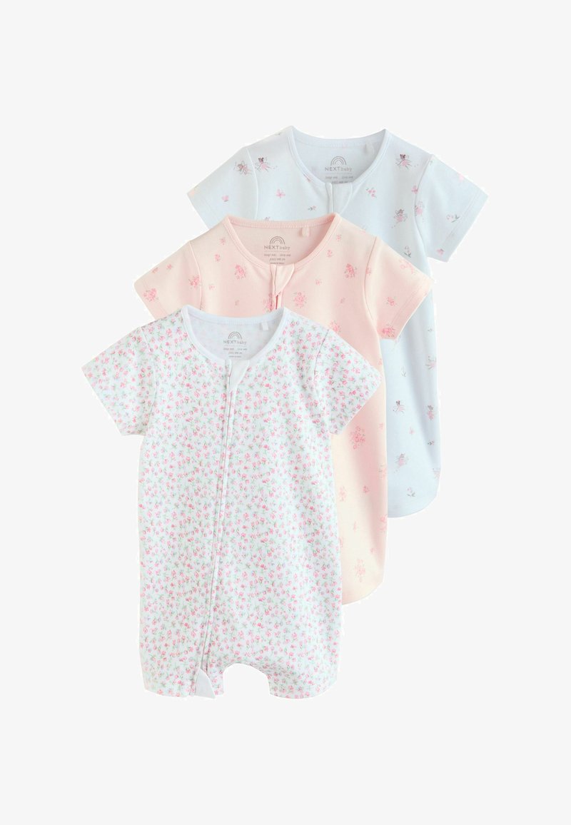 Tre tutine per neonati a manica corta con cerniera frontale; bianca con fiori rosa, rosa chiaro con piccoli fiori e bianca con stampe di fatine e fiori.