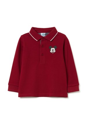 Polo rouge à manches longues en coton, avec un col rayé blanc et un graphique de Mickey Mouse noir sur la poitrine.