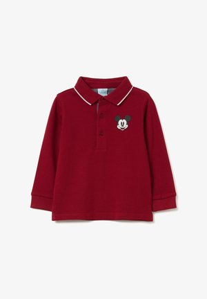 Rotes langärmliges Polohemd aus Baumwolle, mit einem weißen gestreiften Kragen und einer schwarzen Mickey Mouse Grafik auf der Brust.