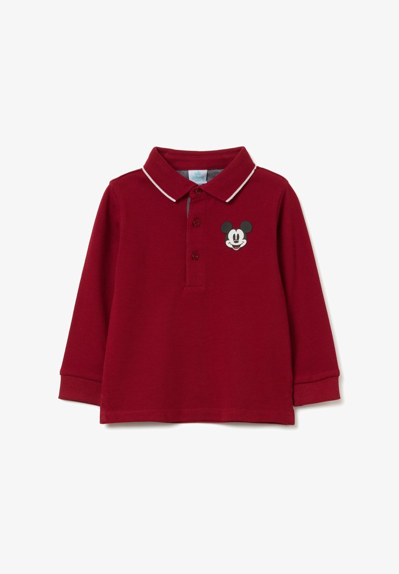 Rotes langärmliges Polohemd aus Baumwolle, mit einem weißen gestreiften Kragen und einer schwarzen Mickey Mouse Grafik auf der Brust.