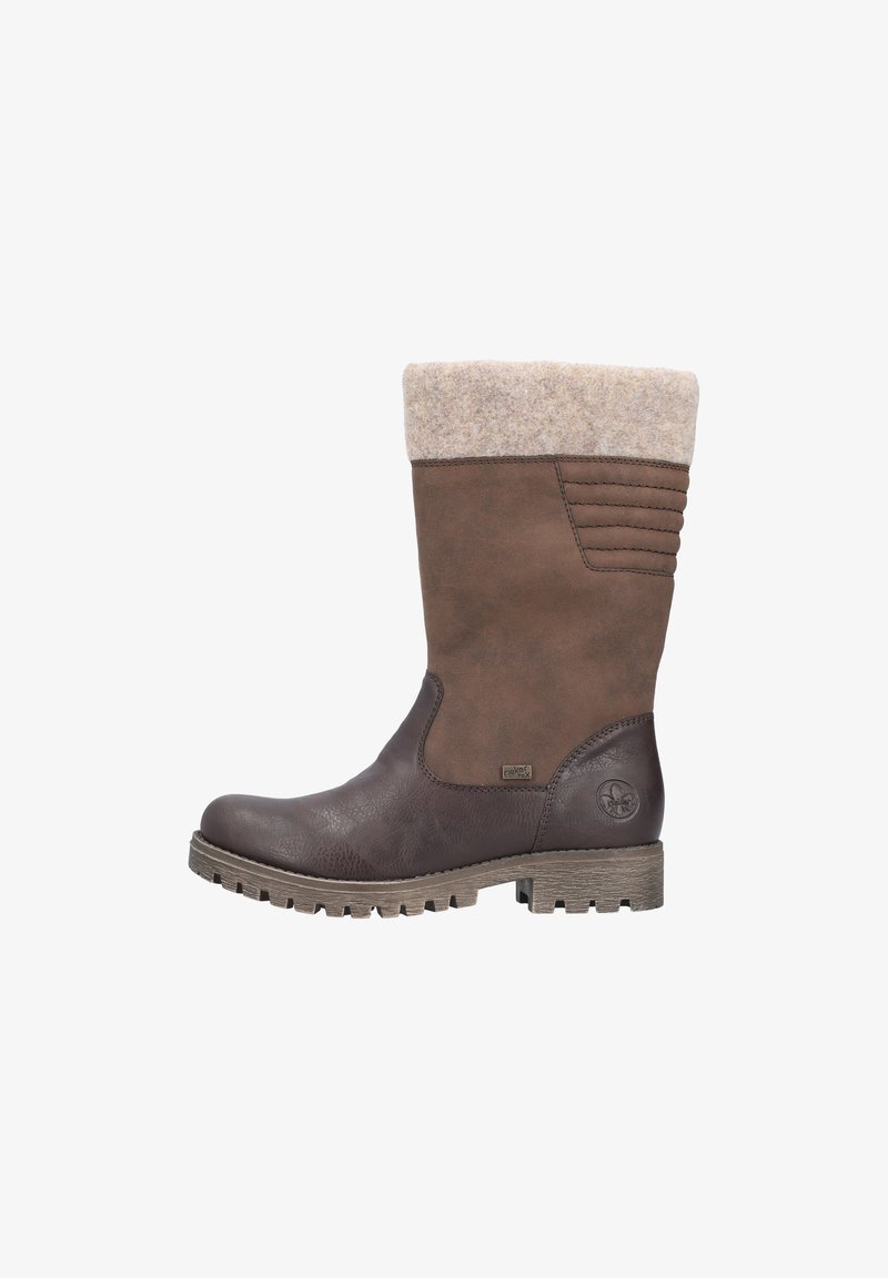 Brown leather knee-high boot with a felt cuff, textured finish, ribbed accents on the shaft, and a durable rubber sole.