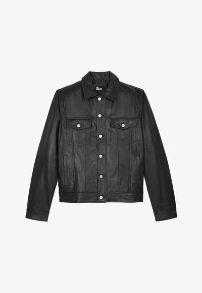 Black leather jacket with a collar, snap fasteners, two chest pockets, and a fitted design. Smooth texture with slight sheen.